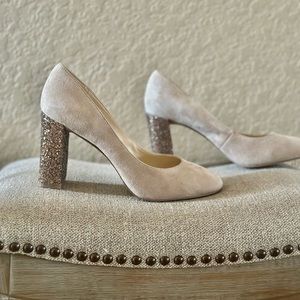 Nine West tan suede with glittered heels.  Size 8 1/2 medium.